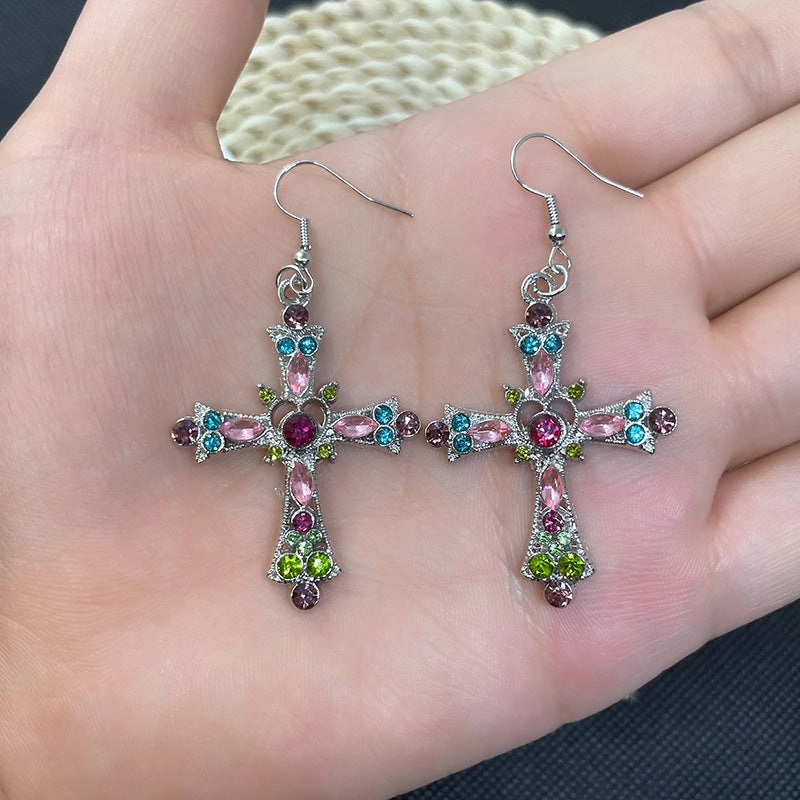 Wholesale 2pairs/pack Bohemian Style Crystal Diamond Color Cross Earrings