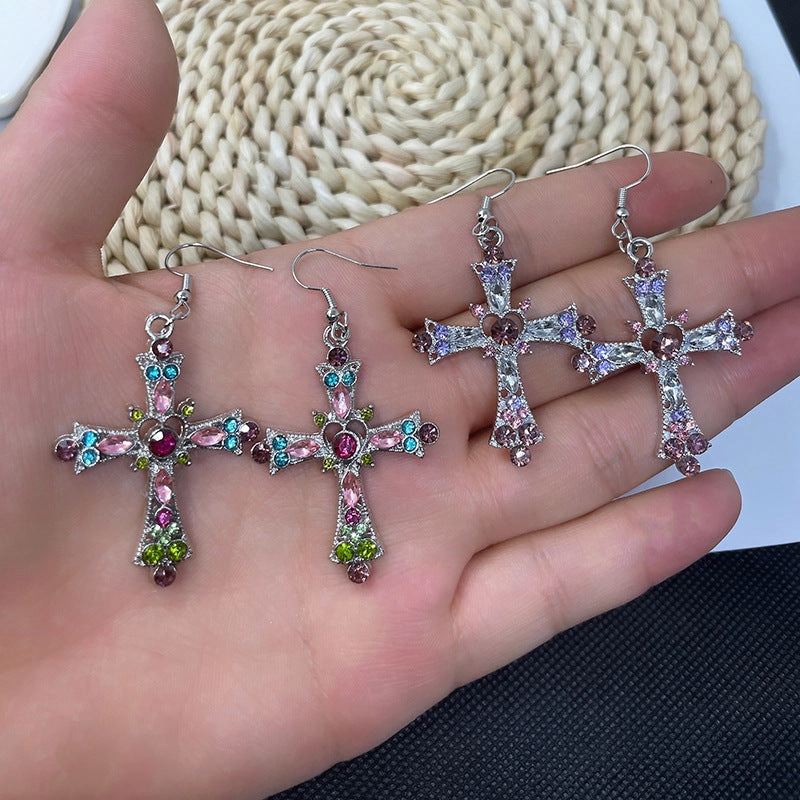 Wholesale 2pairs/pack Bohemian Style Crystal Diamond Color Cross Earrings