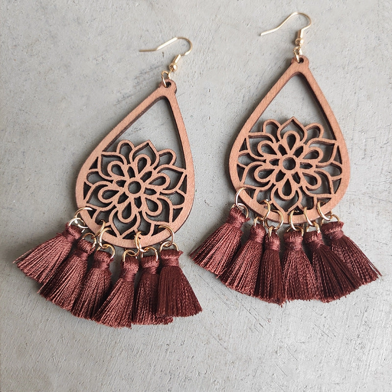 Wholesale 2Pairs/Pack Braided Tassels Wooden Earrings