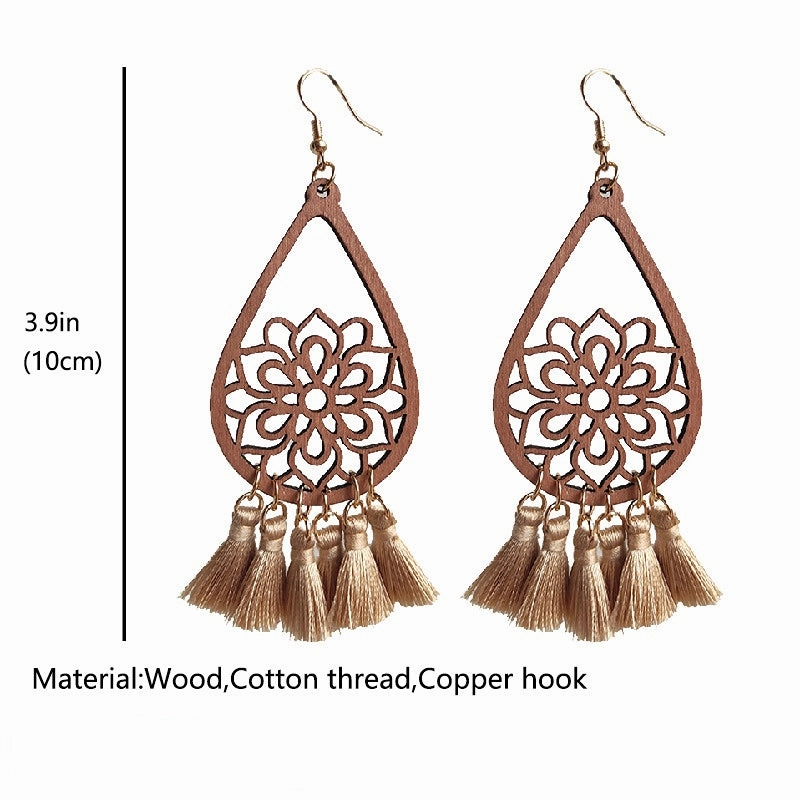 Wholesale 2Pairs/Pack Braided Tassels Wooden Earrings