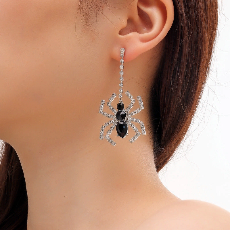 Wholesale 2pairs/pack Halloween Black Spider Black and White Water Diamond Long Metal Earrings