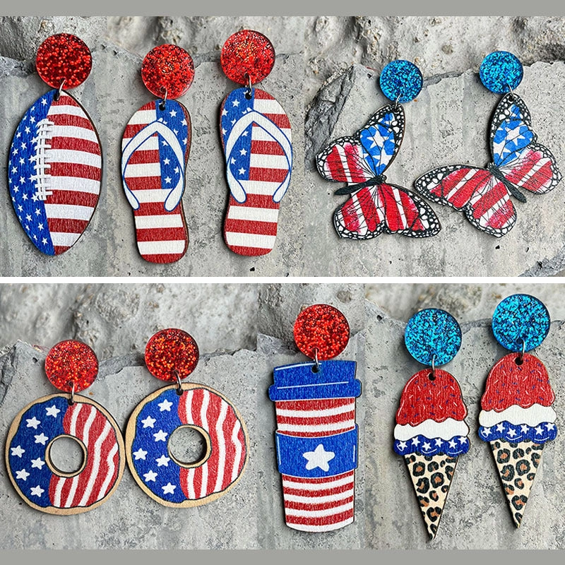 Wholesale 2Pairs/Pack Independence Day Wood Earrings