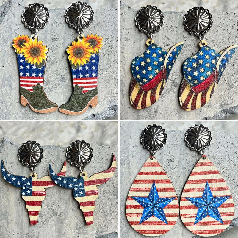 Wholesale 2Pairs/Pack Independence Day Wood Earrings
