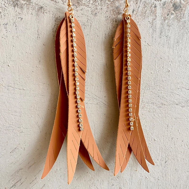 Wholesale 2pairs/pack Leather Feather Multilayer Leaf Shape Rhinestone Chain Earrings