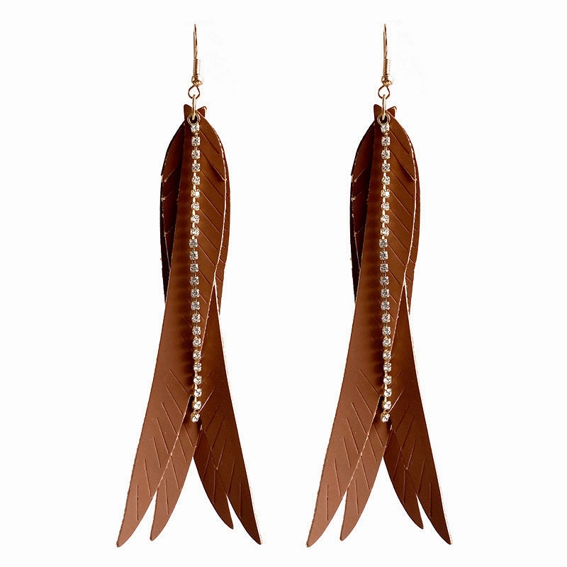 Wholesale 2pairs/pack Leather Feather Multilayer Leaf Shape Rhinestone Chain Earrings
