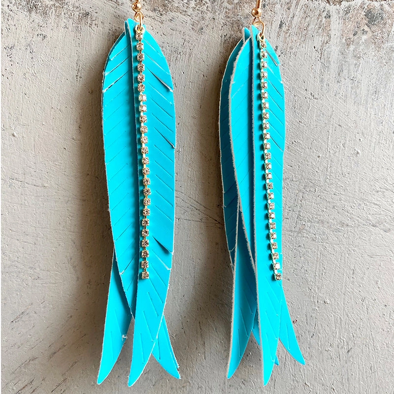 Wholesale 2pairs/pack Leather Feather Multilayer Leaf Shape Rhinestone Chain Earrings