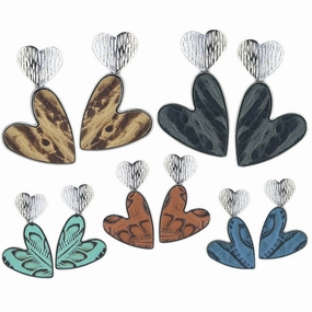 Wholesale 2Pairs/pack Metal Double Heart Embossed Textured Western Leather Earrings