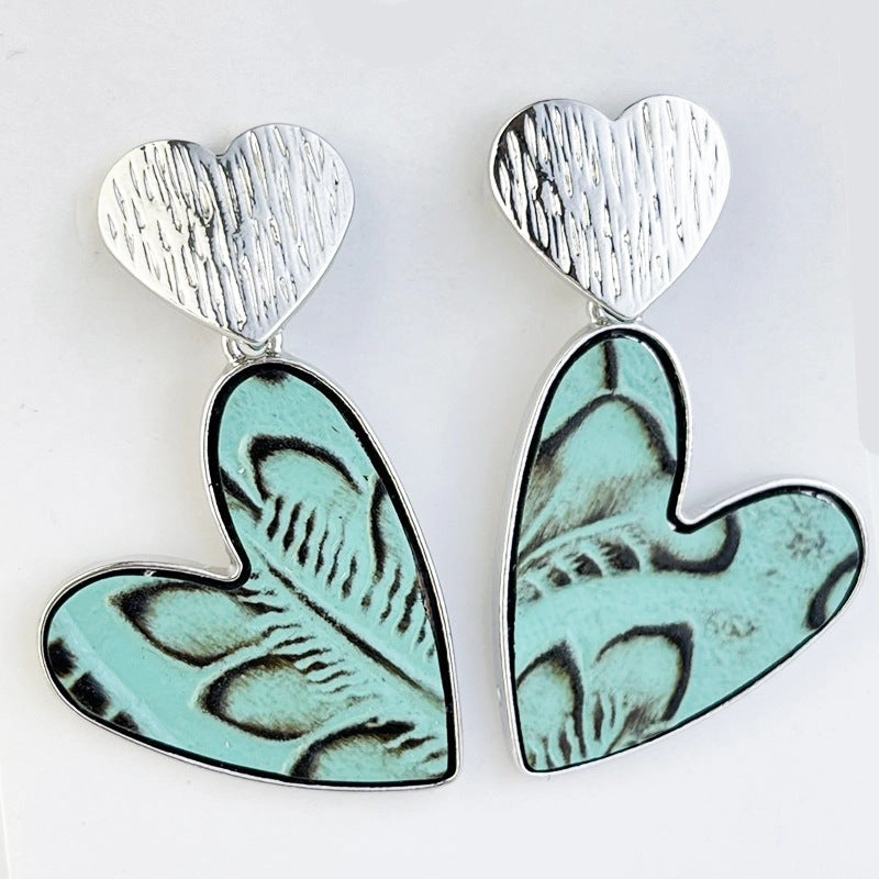 Wholesale 2Pairs/pack Metal Double Heart Embossed Textured Western Leather Earrings