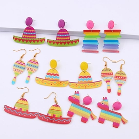 Wholesale 2pairs/pack Mexican Festival Racket Rainbow Boat Print Earrings
