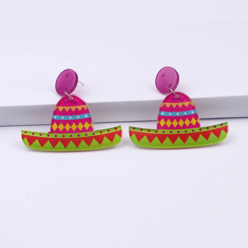 Wholesale 2pairs/pack Mexican Festival Racket Rainbow Boat Print Earrings