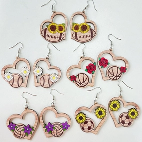 Wholesale 2pairs/pack Sports Balls Wooden Flower Hollow Love Sunflower Earrings