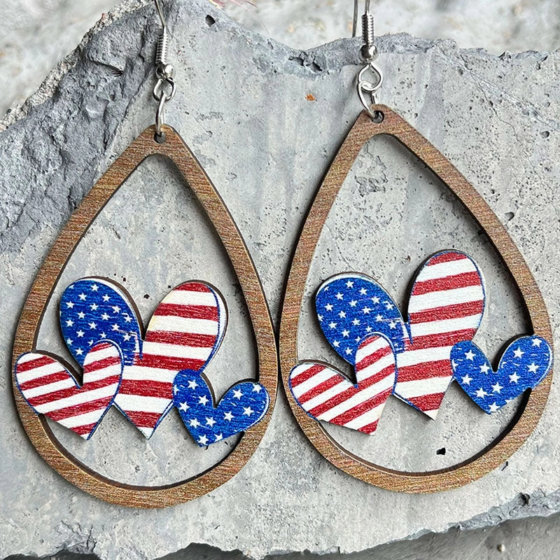 Wholesale 2Pairs/Pack Wooden Cutout Water Drops Independence Day Earrings