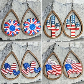 Wholesale 2Pairs/Pack Wooden Cutout Water Drops Independence Day Earrings