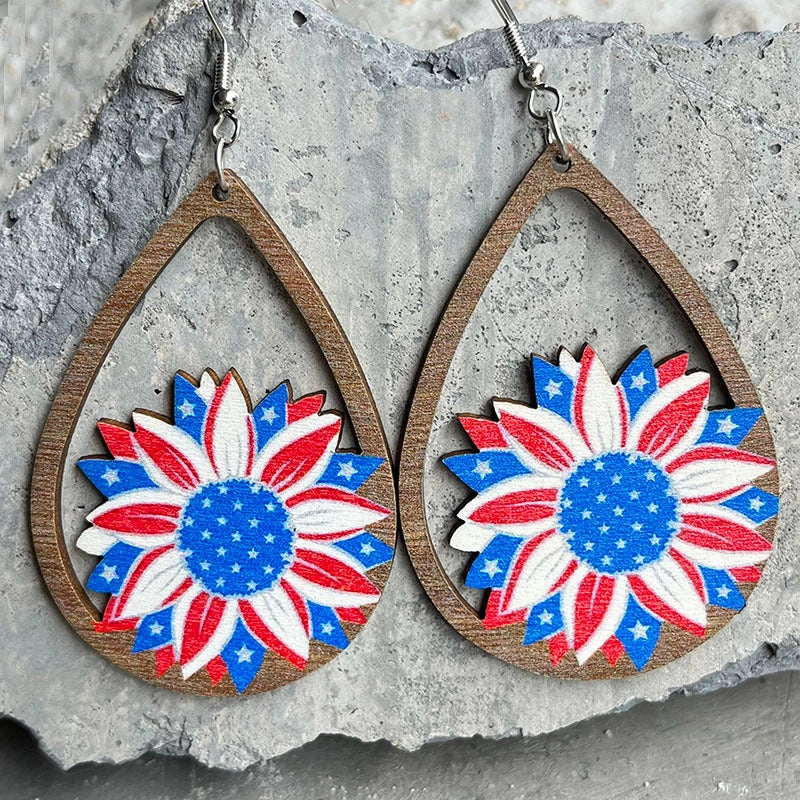Wholesale 2Pairs/Pack Wooden Cutout Water Drops Independence Day Earrings