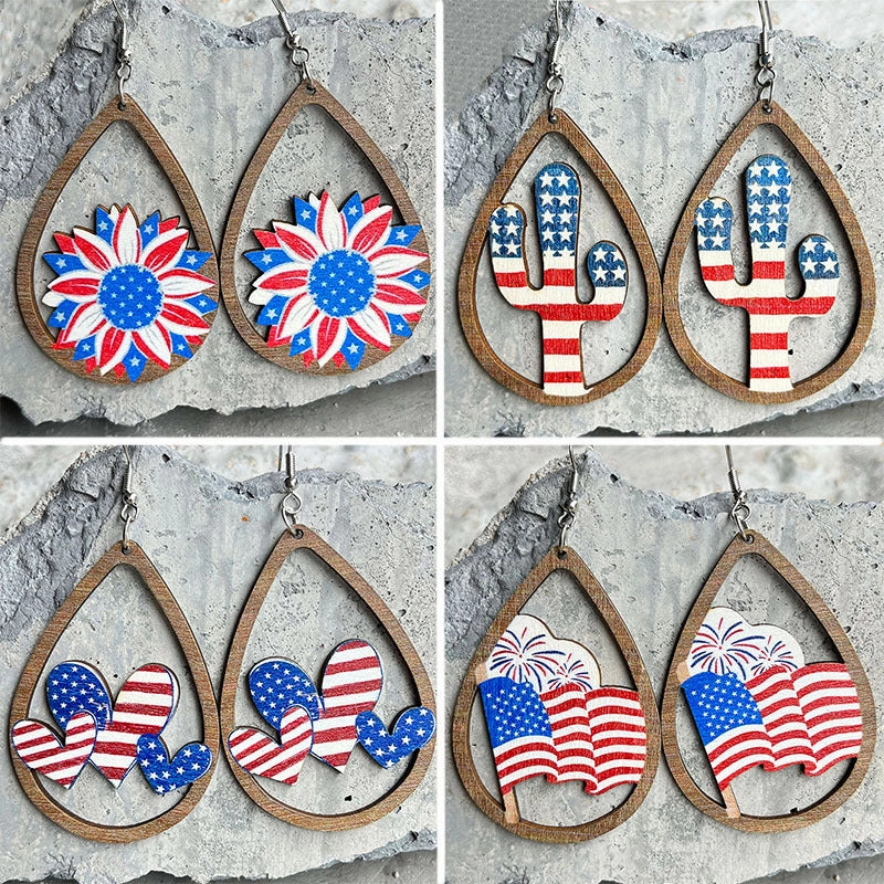 Wholesale 2Pairs/Pack Wooden Cutout Water Drops Independence Day Earrings