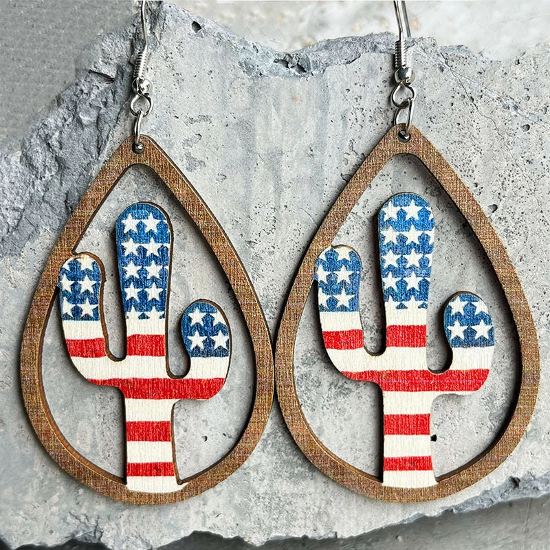 Wholesale 2Pairs/Pack Wooden Cutout Water Drops Independence Day Earrings