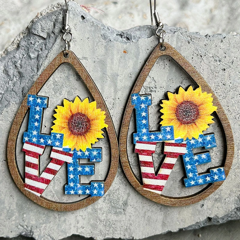 Wholesale 2Pairs/Pack Wooden Cutout Water Drops Independence Day Earrings