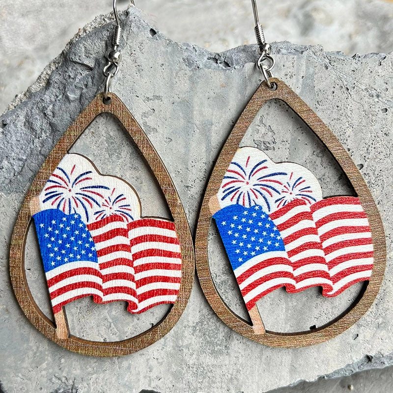 Wholesale 2Pairs/Pack Wooden Cutout Water Drops Independence Day Earrings