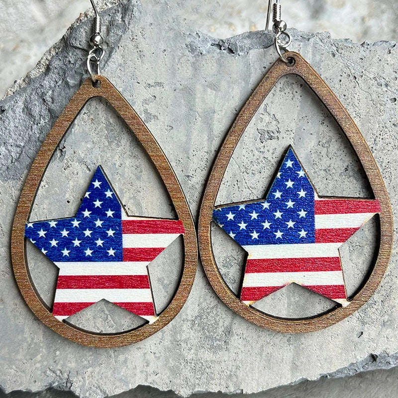 Wholesale 2Pairs/Pack Wooden Cutout Water Drops Independence Day Earrings