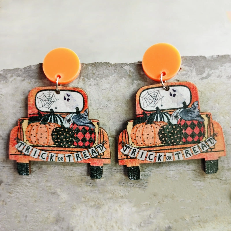 Wholesale 2pairs/pack Wooden Halloween Rainbow Pumpkin Earrings