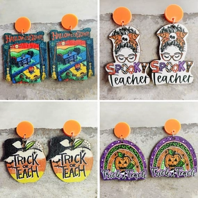 Wholesale 2pairs/pack Wooden Halloween Rainbow Pumpkin Earrings