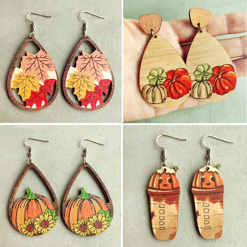 Wholesale 2pairs/pack Wooden Thanksgiving Colorful Maple Leaf Sunflower Earrings