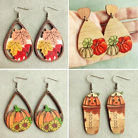 Wholesale 2pairs/pack Wooden Thanksgiving Colorful Maple Leaf Sunflower Earrings