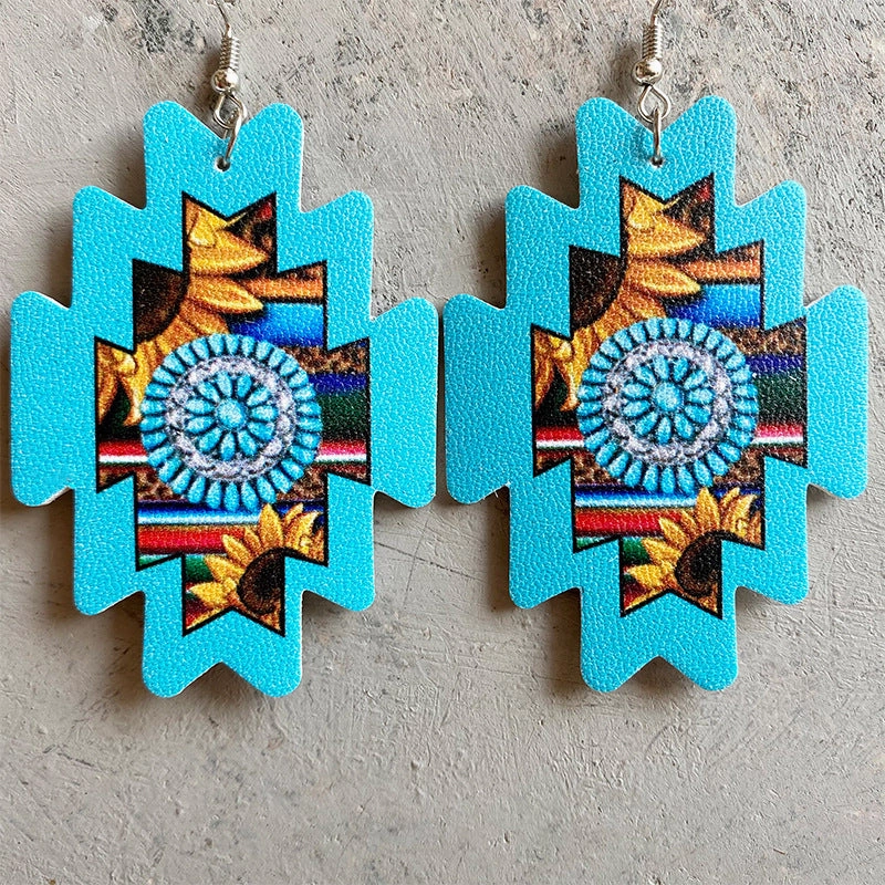 Wholesale 3 Pairs/Pack Aztec Sunflower American Western Cowboy Style PU Leather Earrings