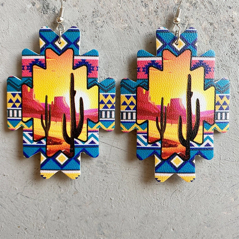 Wholesale 3 Pairs/Pack Aztec Sunflower American Western Cowboy Style PU Leather Earrings