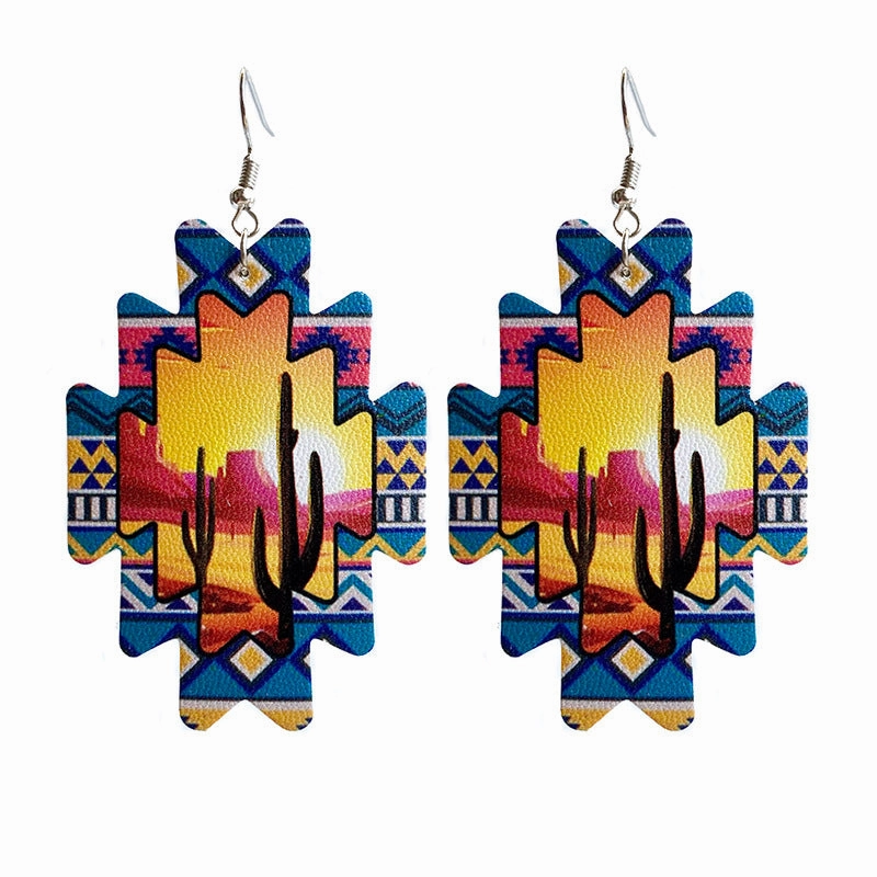 Wholesale 3 Pairs/Pack Aztec Sunflower American Western Cowboy Style PU Leather Earrings