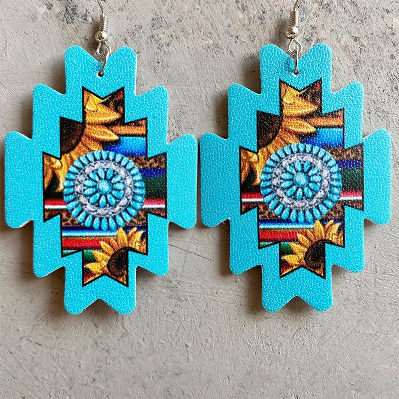 Wholesale 3 Pairs/Pack Aztec Sunflower American Western Cowboy Style PU Leather Earrings