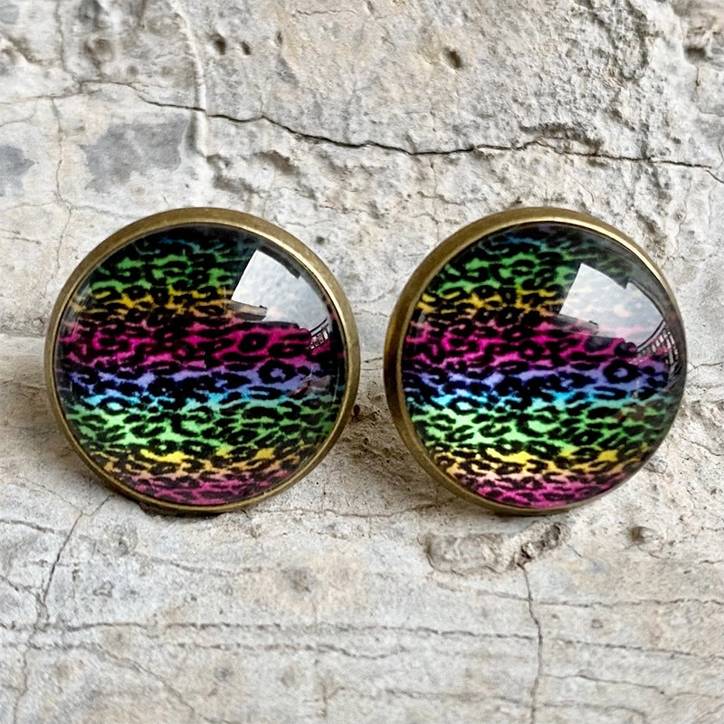Wholesale 3 Pairs/pack Christmas Plaid Leopard Print Cow Pattern Glass Stud Earrings