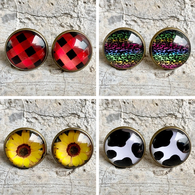 Wholesale 3 Pairs/pack Christmas Plaid Leopard Print Cow Pattern Glass Stud Earrings