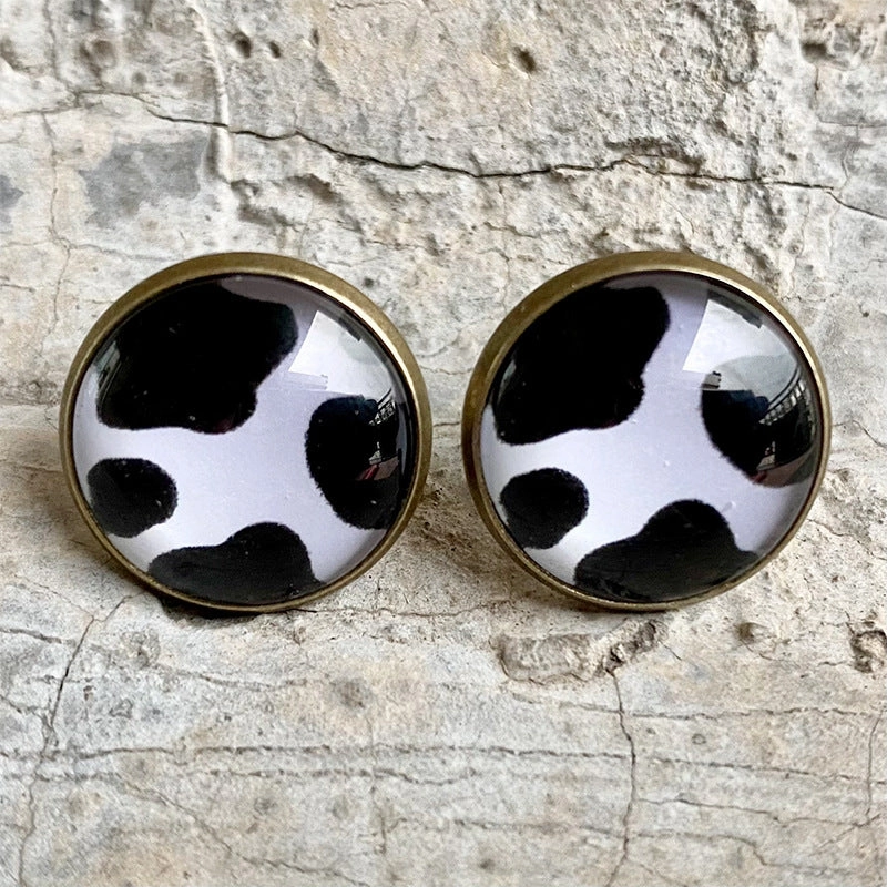 Wholesale 3 Pairs/pack Christmas Plaid Leopard Print Cow Pattern Glass Stud Earrings