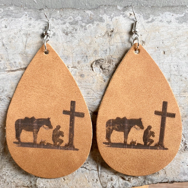 Wholesale 3 Pairs/Pack Cowboy Western Aztec Silhouette Geometric Leather Earrings