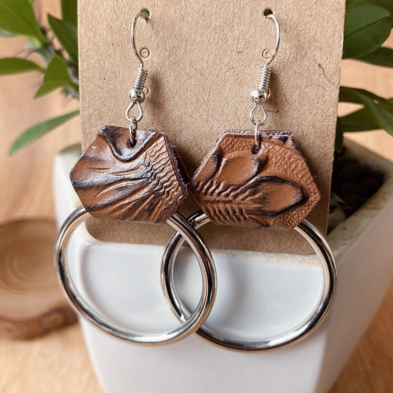 Wholesale 3 Pairs/pack Vintage Embossed Cowhide Metal Hoop Earrings