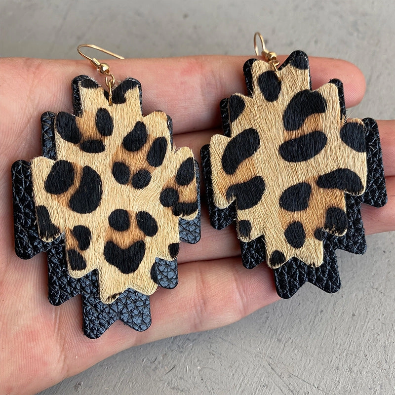 Wholesale 3 Pairs/Pack Western Cowboy Double Layer Aztec Horsehair Cowhide Leather Earrings