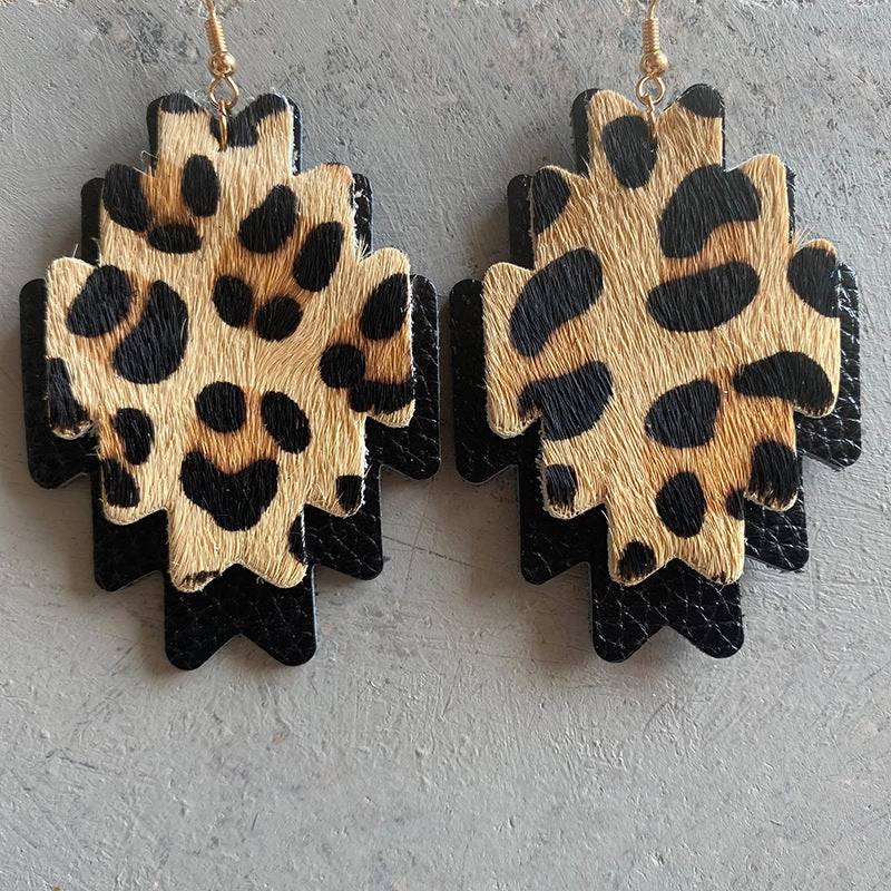 Wholesale 3 Pairs/Pack Western Cowboy Double Layer Aztec Horsehair Cowhide Leather Earrings