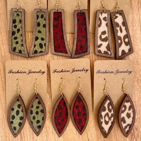 Wholesale 3 Pairs/pack Western Style Geometric Leopard Print Genuine Leather Horse Hair Earrings
