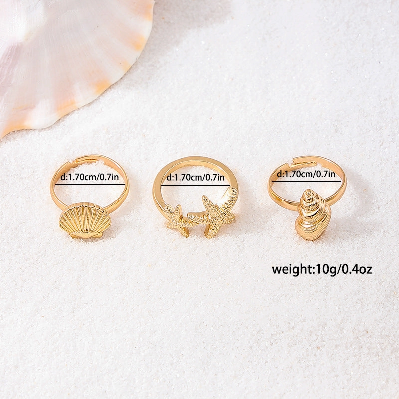 Wholesale 3-piece vintage ocean metal starfish shell conch open holiday style Ring Set