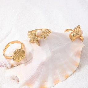 Wholesale 3-piece vintage ocean metal starfish shell conch open holiday style Ring Set