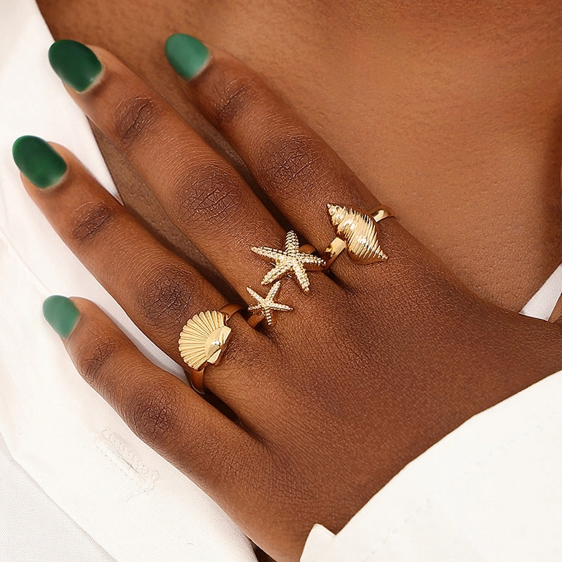 Wholesale 3-piece vintage ocean metal starfish shell conch open holiday style Ring Set