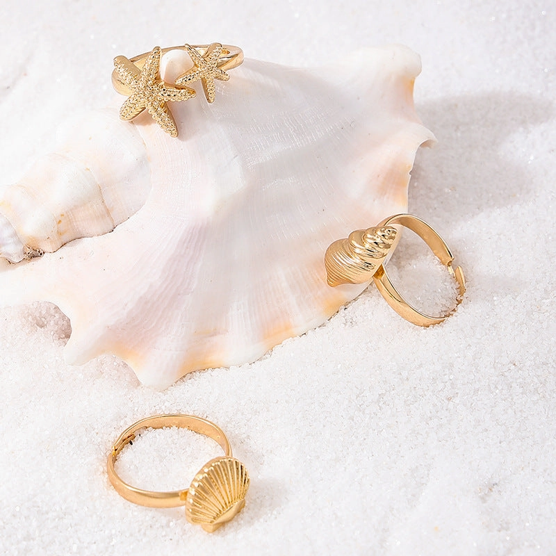 Wholesale 3-piece vintage ocean metal starfish shell conch open holiday style Ring Set