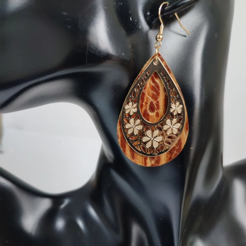Wholesale 3pairs/pack Genuine Leather Hollow Flowers Earrings