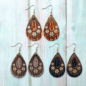 Wholesale 3pairs/pack Genuine Leather Hollow Flowers Earrings
