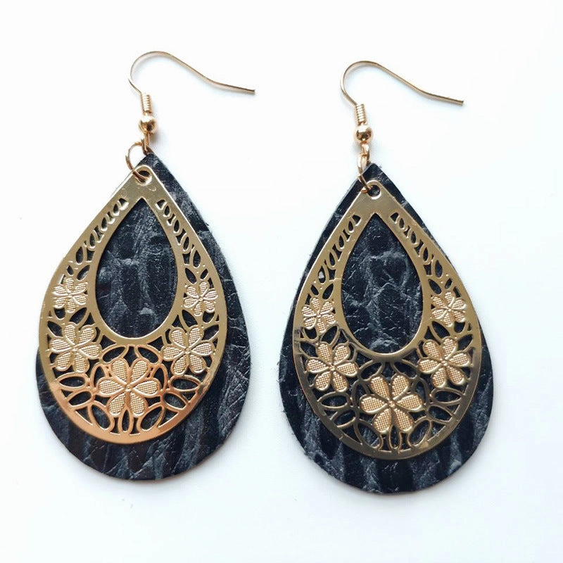 Wholesale 3pairs/pack Genuine Leather Hollow Flowers Earrings