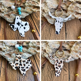 Wholesale 3pcs/pack Western Style Cow Pattern Cow Head Texas Map Leopard Print Turquoise Imitation Pearl Cowhide Leather Necklace