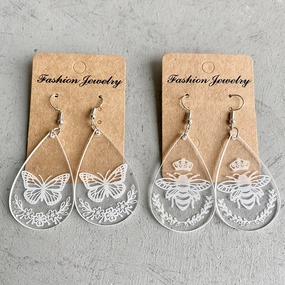 Wholesale 3pcs Transparent Acrylic Water Drop Bee Butterfly Laser Marking Popular Personality Earrings