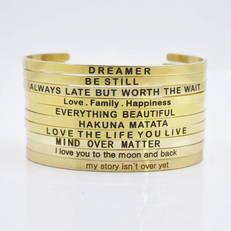 Wholesale 4mm Gold Stainless Steel Lettering Titanium Steel C Shape BREATHE DREAM FEARLESS Bracelet
