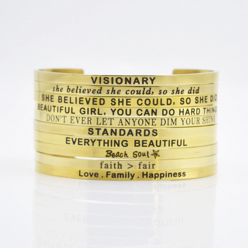 Wholesale 4mm Gold Stainless Steel Lettering Titanium Steel C Shape BREATHE DREAM FEARLESS Bracelet